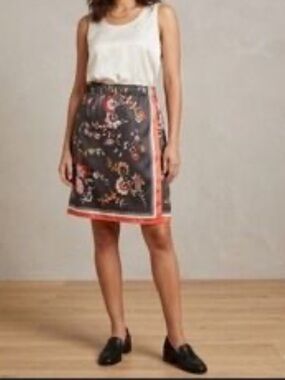 LOFT satin pull on skirt faux wrap elastic waist floral grey coral size medium